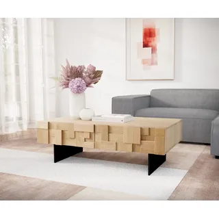 DELIFE Couchtisch Puzzle 120 cm 4 Schubfächer Eiche Natur Fuß schwebend Metall schwarz - Hellbraun, Braun