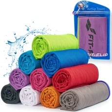 Fit-Flip Kühltuch - Airflip Towel - das kühlende Sporthandtuch - als Cooling Towel und mikrofaser Kühltuch - Ice Towel Kühlhandtuch für Fitness und Sport (Violet- neon grüner Rand, 100x30cm)