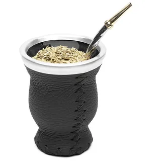 balibetov Yerba-Mate-Becher aus Glas – Leder Ummantelt mit Bombilla (Trinkhalm) – Schwarz (SCHWARZ)