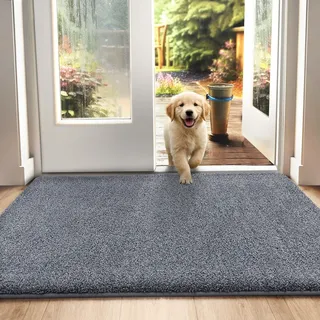 DEXI Fußmatte Innen 90 x 150 cm, rutschfeste Schmutzfangmatte, Maschinenwaschbare Fussmatte, Saugstarke Türmatte, Sauberlaufmatte, Eingangsteppich für Hund, Haustür & Flur, Grau-blau