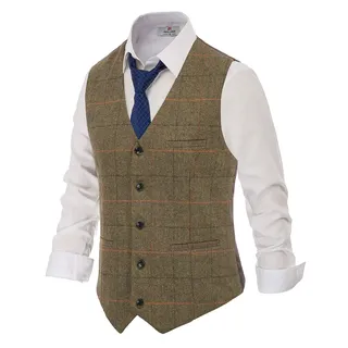 PJ PAUL JONES Herren Fischgräten-Tweed-Anzugweste aus Wollmischgewebe, Kaffee (kariert), Large