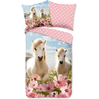Duvet cover Good Morning 135x200 + 1* 80x80 cm - white horses with flowers - Rosa