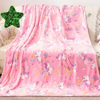 Cyiecw Kuscheldecke Kinder 130x150cm, Einhorn Muster Flanell Fleece Decke Leuchtet im Dunkeln, Rosa Sofadecke Kinderdecke für Mädchen, Weiche Mikrofaser Flauschig Decke für Geburtstag Weihnachten