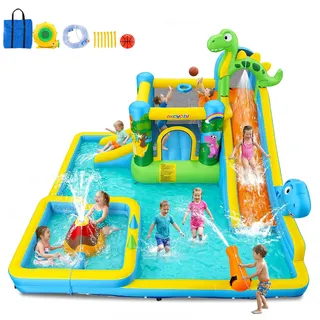 Aufblasbare Wasserrutsche Hüpfburg mit Gebläse für Kinder 3+ Jahre, Trocken-/Wasserrutsche, Dinosaurier Wasserpark mit 2 Rutschen, Planschbecken & Schwimmbecken, Basketballkorb, Wasserkanone