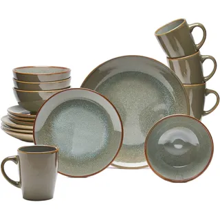 Kombiservice VAN WELL "Geschirr-Set Olbia Lago, 16-teilig", braun, 16 Stk., Steinzeug, Geschirr-Sets, Kombiservice, rund, braun / reaktiv, spülmaschinen- und mikrowellengeeignet