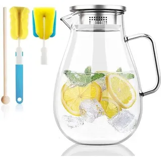 Unyqoos® Glaskaraffe 2 L – Borosilikatglas (BPA-frei), -20 °C bis 150 °C, mit Feinfilter, Schicht‐Rührstab & Reinigungsbürste - Weiß