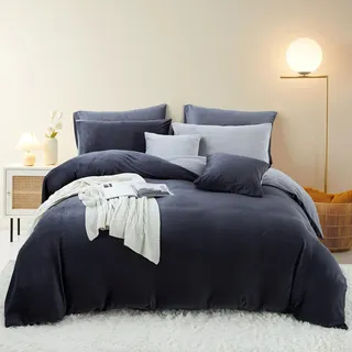 Freyamy Plüsch Bettwäsche 200x200cm 3Teilig Dunkelgrau Grau Samt Biber Cashmere Touch Winterbettwäsche Flanell Flauschige Wendebettwäsche Warme Bettbezug mit Reißverschluss und 2 Kissenbezug 80x80cm