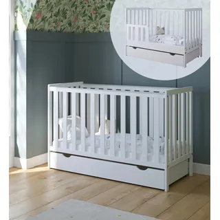 ZEE BAMBI Weiß Babybett 120x60 cm 2in1 mit Schublade & Schutzbarriere Klassisches Gitterbett 3-Fach Höhenverstellbar Kinderbett mit Beißschutz - Weiß