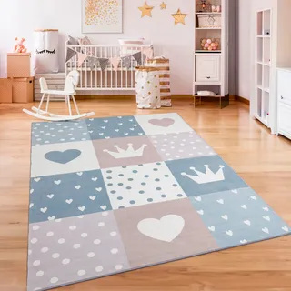 Paco Home Kinderteppich »Eliz 391«, rechteckig, 12 mm Höhe, Kurzflor, Spielteppich, Patchwork-Muster, Motiv Krone, Herz & Punkte, beige