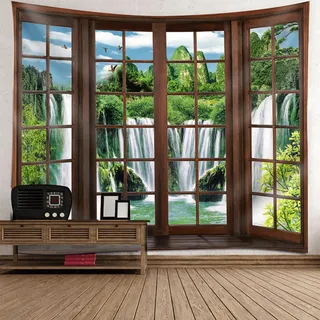RDSGYZ Wandbehang Stoff Schlafzimmer, Wandteppich Fensterblick Motiv 210x140CM Berge und Wasserfall Wandvorhang Wandbehang Tuch Wanddeko Kinderzimmer Schlafzimmer