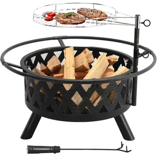 Garten Feuerstelle mit Grillrost - Terrassen Feuerschale - Höhenverstellbarer Grillrost - Funkenschutz - Gusseisen - Für Holzkohlegrill - Leicht zu reinigen