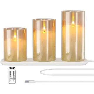 EXTSUD LED Flammenlose Kerzen Flackern mit Ladestation und Fernbedienung,3er Set Led Kerzen aus Glas Wiederaufladbare Flamme Kerzenlicht mit timerfunktion Romantische Valentinstag Deko Wohnzimmer Gelb