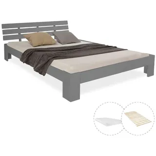 Homestyle4u Holzbett mit Matratze 140/200 cm grau , Holz , Kiefer , 140x200 cm , Schlafzimmer, Betten