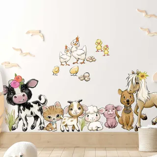 WANDKIND Bauernhof Wandtattoo Kinderzimmer V360 | handgezeichnet | AUFKLEBER Kindergarten | Babyzimmer Wandsticker Pferd Schwein Kuh Hund Huhn Katze (100 x 100 cm)