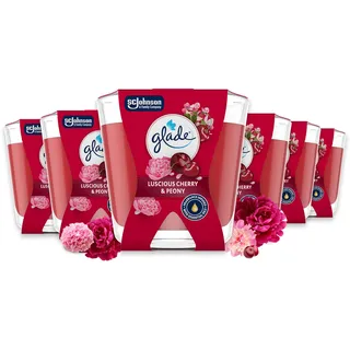 Glade Duftkerzen im Glas 6er-Pack Décor, Mit ätherischen Ölen, 6 Stück | Langanhaltender Duft für Wohlfühlatmosphäre, Palmölfreier Wachs, Luscious Peony & Cherry Duft, 6x 70 g