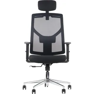 Ergonomischer Bürodrehstuhl CURTIZ, Chrom Basis, verstellbare Armlehnen, Kopfstütze und Rückenlehne mit Aufhänger, Schwarz - Schwarz