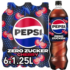 Pepsi Zero Zucker Cherry, Das zuckerfreie Erfrischungsgetränk von Pepsi ohne Kalorien, Koffeinhaltige Cola mit Kirschgeschmack in der Flasche, EINWEG (6 x 1.25 l)