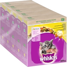 Whiskas Junior Trockenfutter Huhn, 5x800g (5 Packungen) - für heranwachsende Katzen - Extra kleine Kibbles für Kätzchen (2-12 Monate) - unterschiedliche Produktverpackungen erhältlich