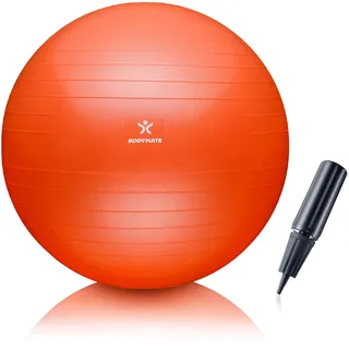 BODYMATE Gymnastikball Sitzball Trainingsball mit GRATIS E-Book inkl. Luft-Pumpe, Ball für Fitness, Yoga, Gymnastik, Core Training, für starken Rücken als Büro-Stuhl ORANGE 65cm