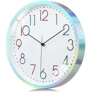 Lafocuse 3D Bunt Ziffern Lautlos Wanduhr Silber, Design Wanduhr Modern 30cm, Ohne Tickgeräusche Küchenuhr Deko für Kinderzimmer Wohnzimmer Schlafzimmer Büro