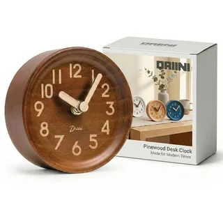Driini Analoge Tischuhr aus Holz - 10,9 cm Dekorative Kiefernholz-Uhr, kein Tick-Design - leicht zu lesen, leise Sweep-Kaminsims-Uhr - leise Tischuhren mit Holzkörper, Zeigern und Batterieabdeckung,