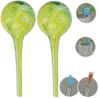 Wasserspender 2 Stück Set aus Glas für Topfpflanzen, Kugel, rund Ø 9 cm Farbe Grün-Gelb 310 ml modern, häusliche Bedingungen, für töpfe, für blumen, wasserregulierung-sorgt für optimale Dosierung