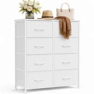 DUMOS Kommode mit Schubladen - Kommoden & Sideboards für Schlafzimmer Geeignet, Komodenschrank mit 8 Schubladen, Stoffkommode mit Stahlrahmen, Schrank Klein, Ideal für Flur, Wohnzimmer (Weiß)