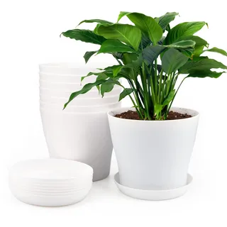 KINGLAKE 8 Stück 17cm Blumentöpfe Pflanztöpfe Klein, übertopf Pflanztopf Anzucht Plastik mit Untersetzer, Blumentopf Kunststoff Set, Topf Kleine Flower Pot für Pflanzen Kakteen Sukkulenten-Weiss