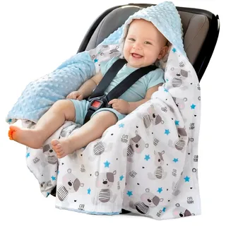 Medi Partners Einschlagdecke Baby Babyschale 100% Baumwolle für Sommer 85x85cm Kinderwagen Kuscheldecke universal Baby Decke Einschlagdecken Babydecke Buggy Autositz(Teddybär mit hellblauen Minky)