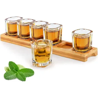 Schnapsgläser-Set 6cl Halter und Schnapsglasbecher 60ml Set mit 6 Getränke-Servierbrett-Organizern mit durchsichtigem Glas Gläser für Likör-Shots Whisky Brandy Wodka Rum Zuhause Party Bar Geschenk
