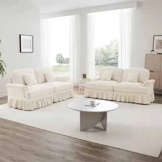 Sweiko Elegantes Mid-Century L-förmiges 2-Sitzer Sofa aus Chenille mit Trichter-Armlehnen, abnehmbarer Rüschenschürze, spindelförmigen Beinen & beweglichem Hocker,weiß