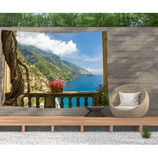 Ulticool – Ansicht Balkon Berge Meer Natur - Wandteppich Poster - 200x150 cm - Gartenposter - Wandteppich groß – Dekoration Zubehörteil für Garten und Wohnzimmer