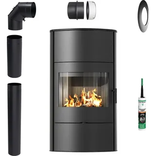 Freistehender Kaminofen KRATKI ROLLO/W 2 10kW für Wohnzimmer Holzofen Set - Schwarz
