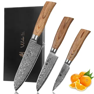 Wakoli EDIB Pro 3-teiliges Küchenmesser Set aus echtem Damaststahl (VG10 Kern) in Geschenkbox aus Holz – 2x Santoku Messer & Officemesser – Scharf & ergonomisch – Damastmesser Set mit Pakkaholzgriffen