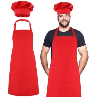 Livdouyu Kochmütze und Schürze Set mit Zwei Taschen Rot | Verstellbare hohe Kochschürze,wasserdichte Küchen Backschürze und elastischer Kochmütze für Männer und Frauen