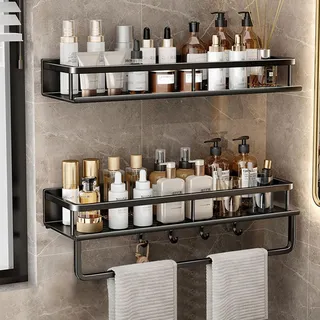 Duschablage ohne Bohren 2 Stück 40cm rostfreie Organizer Badezimmer regal,Dusch-Shampoo-Regal mit Handtuchhalter und 4 Haken für Schlafzimmer Wohnzimmer und Küche Badezimmer Organizer(Schwarz)