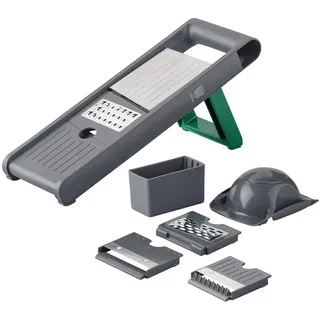 FACKELMANN Chefkoch Gemüsehobel 6-teilig – Mehrzweck Gemüseschneider zum Reiben, Hobeln, Raspeln & Julienne – Inklusive 4 Einsätze & Aufbewahrungsbehälter