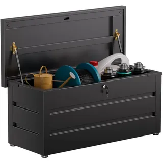 FlairVibe Gartenbox aus Metall in Schwarz 360L | Outdoor Kissenbox für den Garten mit Rostfeste Beschichtung | Outdoor Aufbewahrungsbox/Auflagenbox wasserdicht für Kissen - 120x52x60cm