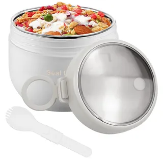 bainuote Müsli To Go Becher 600ml Joghurtbecher Auslaufsicherer Müslibecher To Go Porridge Becher Edelstahl Lunchbox to go mit Klapp-Löffel für Jedes Frühstück Mittagessen-Weiß