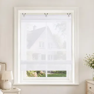 Joyswahl Voile Ösenrollo Transparent Raffrollo mit Ösen 100x155 Weiß | Irene Raffgardinen ohne Bohren, Rollo mit Hakenaufhängung, Fensterrollo mit Farbiger Blende, Schals Fenster Gardine 1 Stück