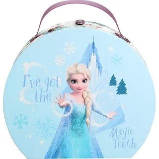 Air-Val International Disney Frozen Runder Make-up Koffer | Kinder Schminkkoffer mit Lipgloss, Lidschatten, Nagellack & Spiegel – Komplettes Beauty-Set im Glitzerkoffer
