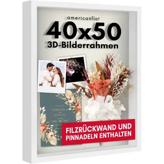 Americanflat 3D-Bilderrahmen zum Befüllen - 40x50 cm - tiefer Objektrahmen mit weichem Leinentuch als Rückwand - MDF-Holzrahmen mit bruchsicherem Plexi-Scheibe und Aufhängung für die Wand - Weiß