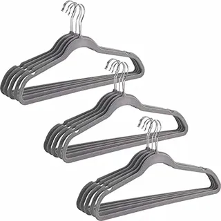 WENKO Wäsche Kleiderbügel beflockte Anti-Rutsch Samt Kleiderbügel 15er Set mit Hosensteg und Rockeinkerbung platzsparend extra dünn drehbare Haken Stabiler Kunststoff für T-Shirts Grau 45x23,5x0,4 cm