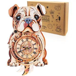 Cutywood 3D Holzpuzzle Uhr, Bulldog Clock Modellbausatz, Dekorative Wand-Schreibtischuhr, Mechanisches Modell mit Pendelmechanismus, 3D Puzzle Uhren Geschenke für DIY-Liebhaber