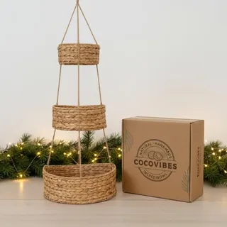 cocovibes WANDA Obstkorb hängend, große Etagere mit 3 halbrunden Körben aus Wasserhyazinthe, Hänge - Wandkorb, Hängeorganizer für Küche, Badezimmer, Büro, Camping