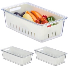 Bild Kühlschrank, 3er Set, stapelbar, Abtropfkorb, Lebensmittel Organizer mit Deckel, transparent/weiß