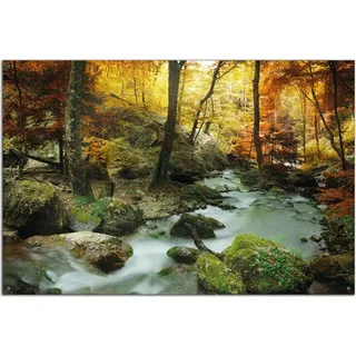 Wallario Outdoor-Poster für Garten oder Balkon, Motiv Wasserfall mit moosbedeckten Steinen im Herbstwald, in ca. 61 x 91,50 cm - Schwarz