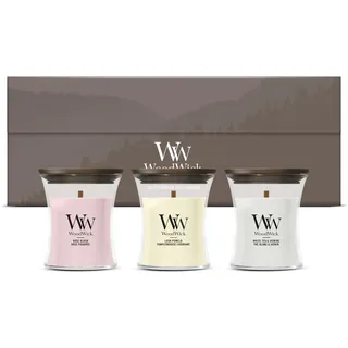 WoodWick Duftkerzen Geschenkset | Blumige Mini Hourglass Duftkerzen mit knisternden Dochten | Geschenkbox | 3 Stück