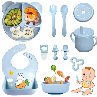 Bizcasa 11 Stück Silikon Baby Geschirrset, Rutschfest Kindergeschirr Set, Kindergeschirr mit Saugnapf, Rutschfest Baby Schüssel,Baby-Teller, Baby-Besteckset für Kleinkinder, BPA Frei (Blau)