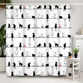 Ttincceer 152x183cm Schwarz Weiß Katze Duschvorhang mit Haken Niedlich Einfach Kätzchen Bad Vorhang Schwarz Weiß Tier Lustig Haustier Dusche Vorhänge Wasserdicht Badewanne Vorhang